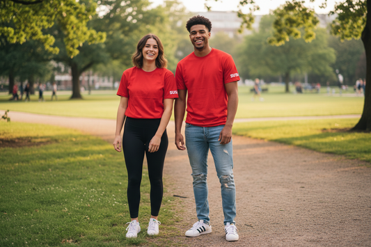 yes i wanted to generate a man and woman say 20yearsold wearing a red tshirt from printful with my word on the left sleeve the word being SUSS ,standing in a park she has black leggings onand adidas trainers and he has adidastrainers and jeans